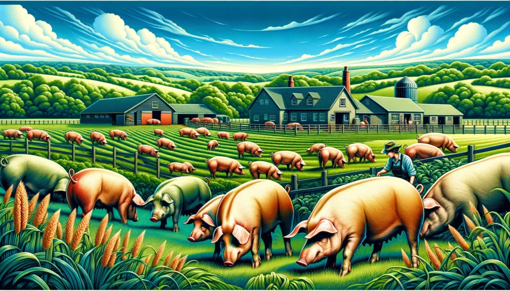 Landrace Hog Farming - A detailed and vivid illustration showcasing farming of Landrace hogs. The scene features a picturesque farm with Landrace hogs grazing and roaming fr (1)